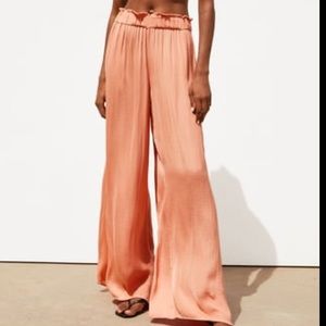 Coral wide leg satin flowy pants